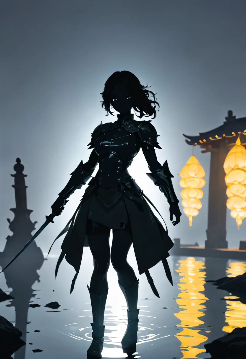 (纯Black silhouette,Silhouette of heroine dancing sword:1.5),Glowing sword,(Fighting posture，强dyna姿势:1.4),on  the lake，high contrast, movie lighting, Enigmatic Atmosphere,，lotus flower，Lotus leaf，corrugation，(water splash;1.4)，a moon，dyna，swordsman，Kungfu，Black silhouette，Extreme backlight shooting,照片上呈现出Black silhouette(No color or detail),Creates strong contrast with bright background