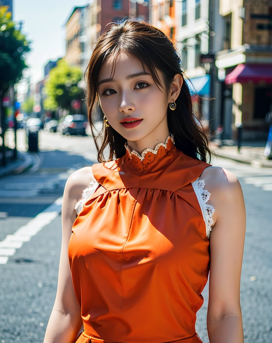 a woman posing on the Street style corner with light orange dress on, best quality, High resolution, 8K, 1 girl, (huge breasts), Day, Bright, outdoors, (Street style:0.8), (people々, people混み:1), (dress trimmed with lace:1.5, light orange clothes:1.5, orange high neck dress:1.5, sleeveless dress, orange dress: 1.5), nice, (medium hair), beautiful detailed sky, beautiful earrings, (dynamic pose:0.8), (upper body whole body:1.2), soft lighting, wind, shiny skin, looking at the viewer,