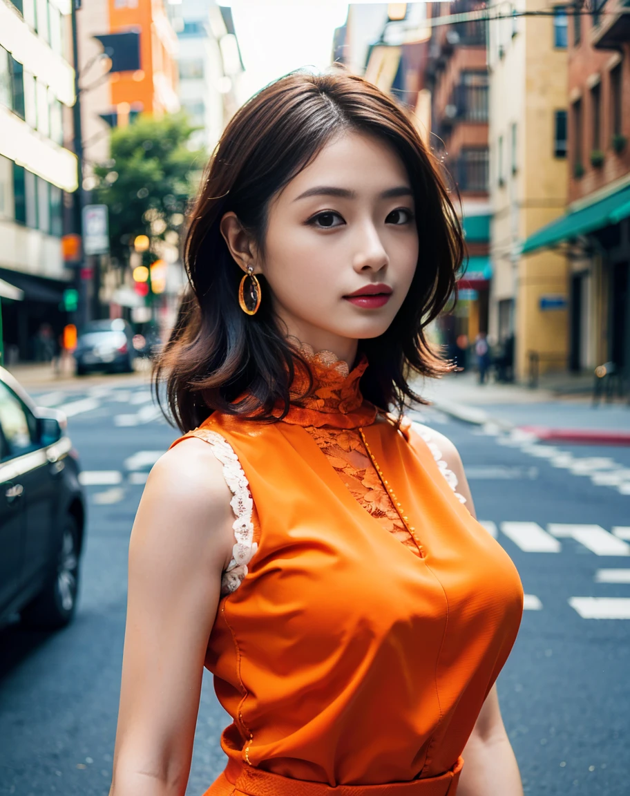 a woman posing on the Street style corner with light orange dress on, best quality, High resolution, 8K, 1 girl, (huge breasts), Day, Bright, outdoors, (Street style:0.8), (people々, people混み:1), (dress trimmed with lace:1.5, light orange clothes:1.5, orange high neck dress:1.5, sleeveless dress, orange dress: 1.5), nice, (medium hair), beautiful detailed sky, beautiful earrings, (dynamic pose:0.8), (upper body whole body:1.2), soft lighting, wind, shiny skin, looking at the viewer,