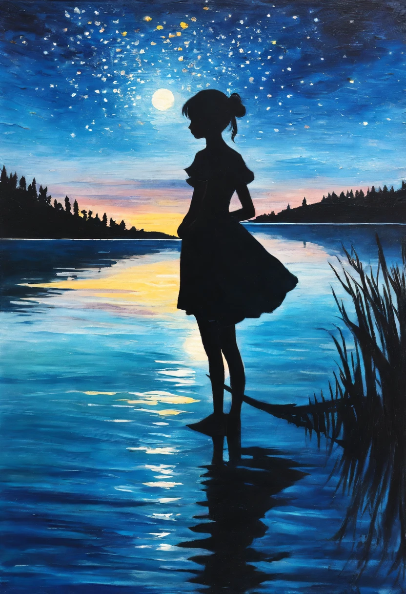 midnight，Silhouette of 1girl standing elegantly by the tranquil lake,extremely delicate and beautiful,masterpiece,best quality,painting