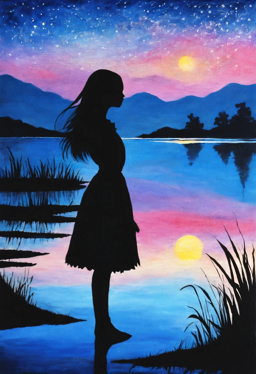 midnight，Silhouette of 1girl standing elegantly by the tranquil lake,extremely delicate and beautiful,masterpiece,best quality,painting