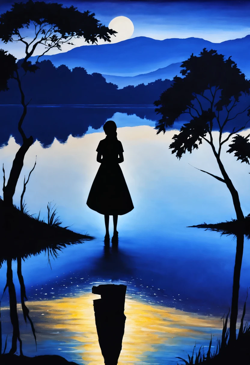 midnight，Silhouette of 1girl standing elegantly by the tranquil lake,extremely delicate and beautiful,masterpiece,best quality,painting