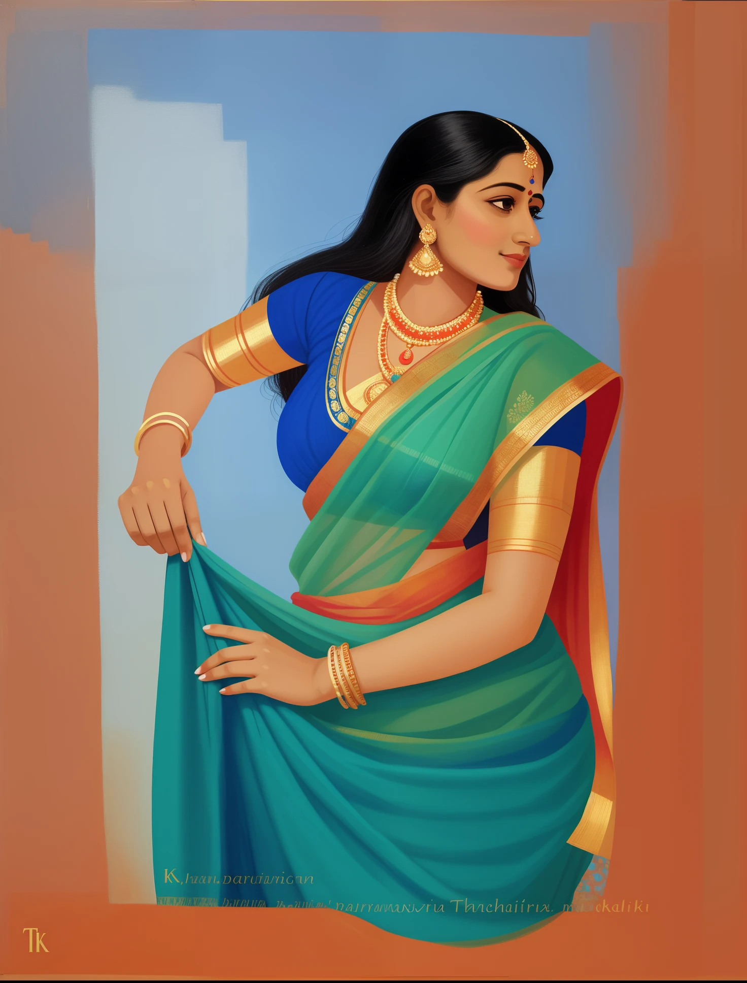 painting of a woman in a blue sari, by T. K. Padmini, by Max Dauthendey, by Thota Vaikuntham, inspired by T. K. Padmini, by Bholekar Srihari, dressed in a sari, wearing a sari, painting of beautiful, wearing sari, inspired from Hindu Mythology 