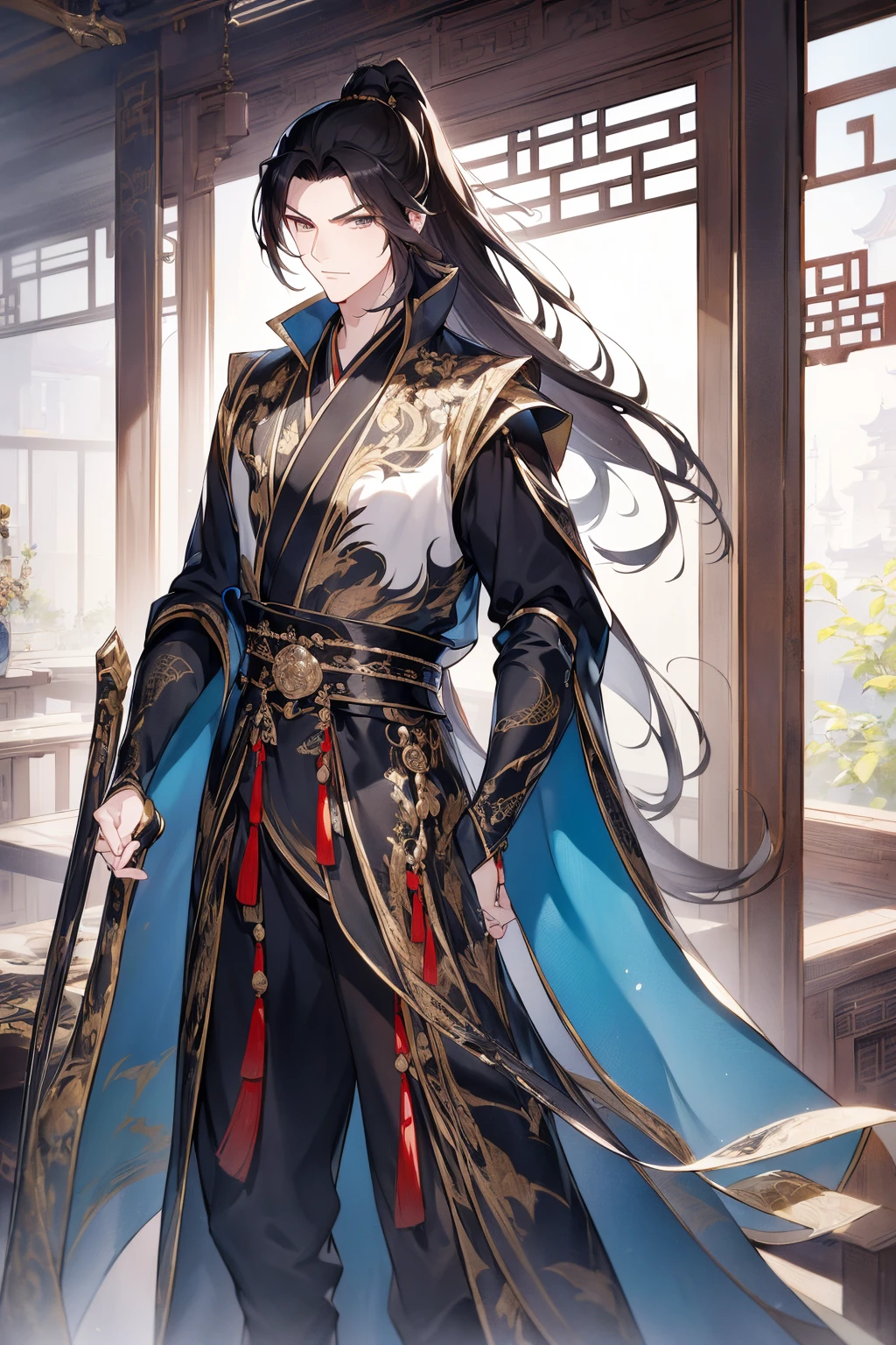 (Best picture quality, high resolution, clear image :1.2), super detailed background, handsome man standing with sword, long hair and high ponytail, this is, wind blowing, Chinese-style clothes, wearing black clothes, antique Chinese furniture, interior, Dutch Angle shot, soft lighting, upper body portrait, charming eyes, sharp eyes, eye focus,