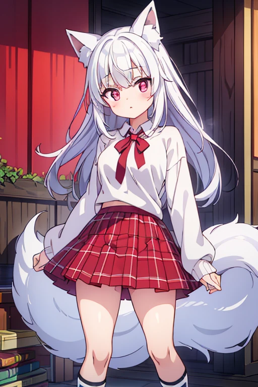 White girl laying down , fit, white long flowing hair , smiling , blushing , small snow leopard ears , red eyes , surpired embarrassed expression, freckles, sexy pose ,aring a short skirt with her pussy out