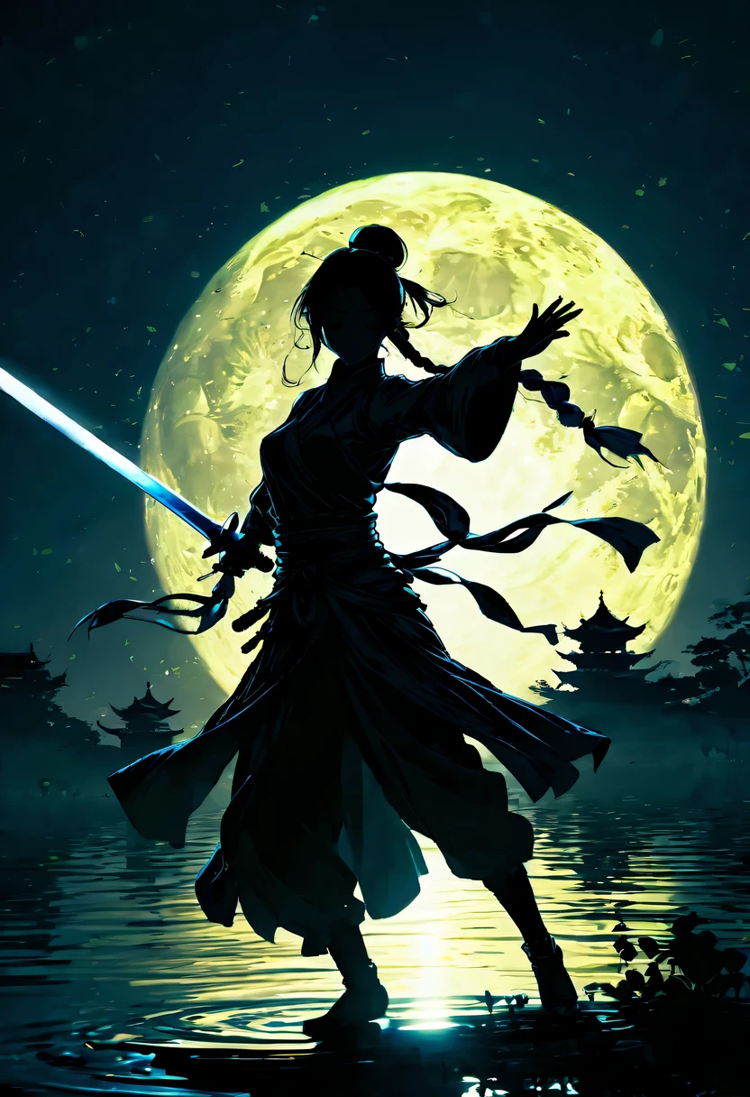 (纯Black silhouette,Silhouette of heroine dancing sword:1.5),Glowing sword,(Fighting posture,强dyna姿势:1.4),on the lake,high contrast, movie lighting, Enigmatic Atmosphere,,lotus flower,Lotus leaf,corrugation,(water splash;1.4),a moon,dyna,swordsman,Kungfu,Black silhouette,Extreme backlight shooting,照片上呈现出Black silhouette(No color or detail),Creates strong contrast with bright background