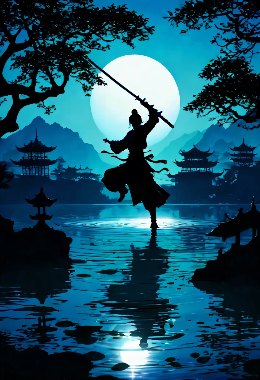 (纯Black silhouette,Silhouette of heroine dancing sword:1.5),Glowing sword,(Fighting posture，强dyna姿势:1.4),on  the lake，high contrast, movie lighting, Enigmatic Atmosphere,，lotus flower，Lotus leaf，corrugation，(water splash;1.4)，a moon，dyna，swordsman，Kungfu，Black silhouette，Extreme backlight shooting,照片上呈现出Black silhouette(No color or detail),Creates strong contrast with bright background