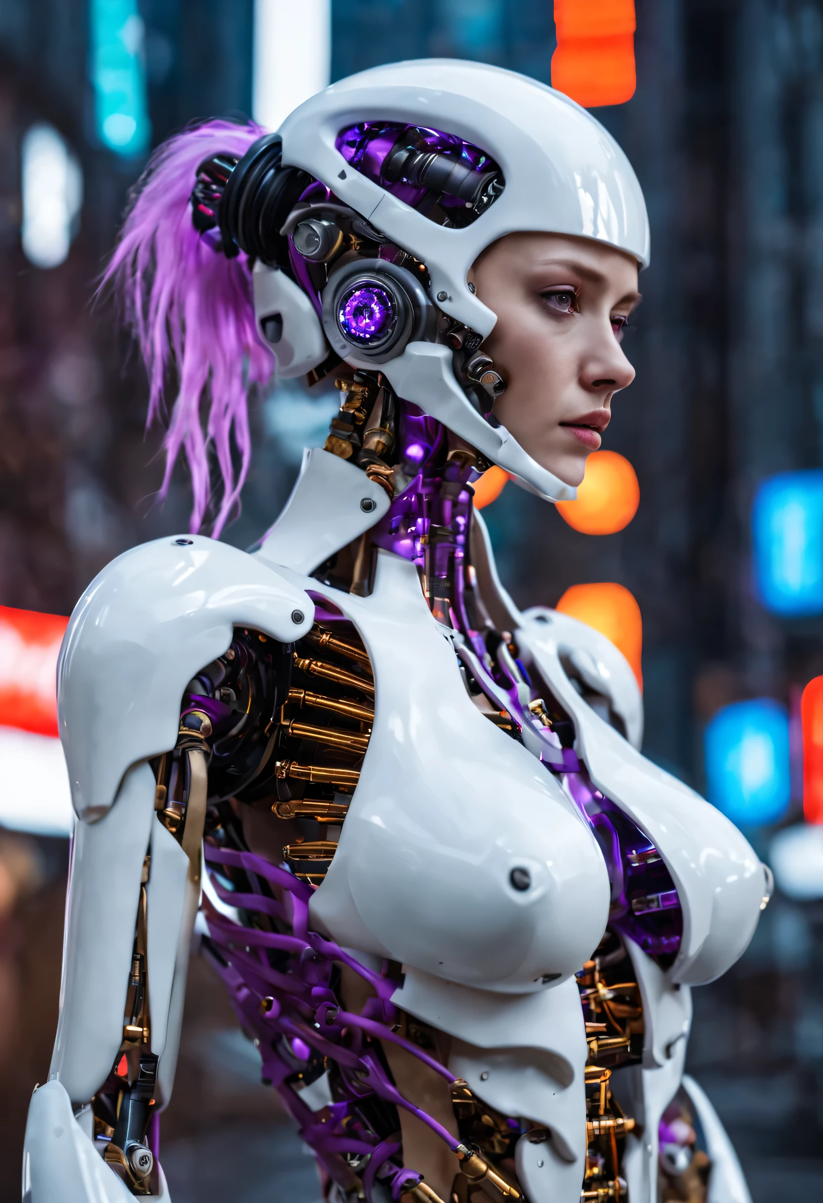 (((​masterpiece)))、((top-quality))、(The ultra-detailliert)、8K、(Very noble and beautiful))、Cinematic Light、((1 Mechanical Girl))、Looking here、White ceramic body、a purple eye、Colossal tits、The cleavage is visible、Single、(Mechanical joint:1.4)、((Mechanical limb))、(Blood vessels attached to tubes)、((Mechanical spine attached to the back))、((Mechanical cervical vertebrae attached to neck))、(Wires and cables attached to the head and body:1.5)、 neon details、scientific fiction、cowboy shot、The background is Cyberpunk City、