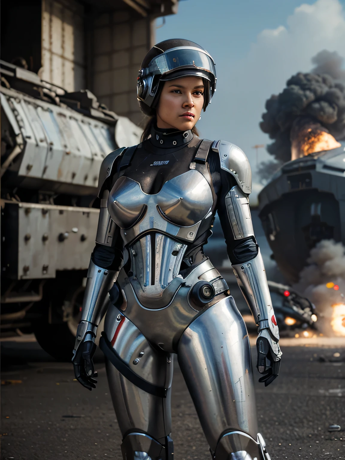 explosions, roupas brancas, helmet, white chrome terminator as robocop as cyborg with big gun, rivets, an oil painting, rivets, the neutral colors, paul hedley , happy, action movie poster, fine art. royo. full view. moto yabusa. explosions behind.