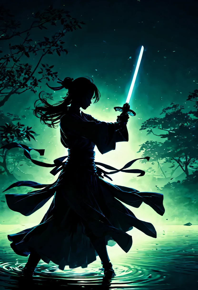 (纯Black silhouette,Silhouette of heroine dancing sword:1.5),Glowing sword,(Fighting posture,强dyna姿势:1.4),on the lake,high contrast, movie lighting, Enigmatic Atmosphere,,lotus flower,Lotus leaf,corrugation,(water splash;1.4),a moon,dyna,swordsman,Kungfu,Black silhouette,Extreme backlight shooting,照片上呈现出Black silhouette(No color or detail),Creates strong contrast with bright background