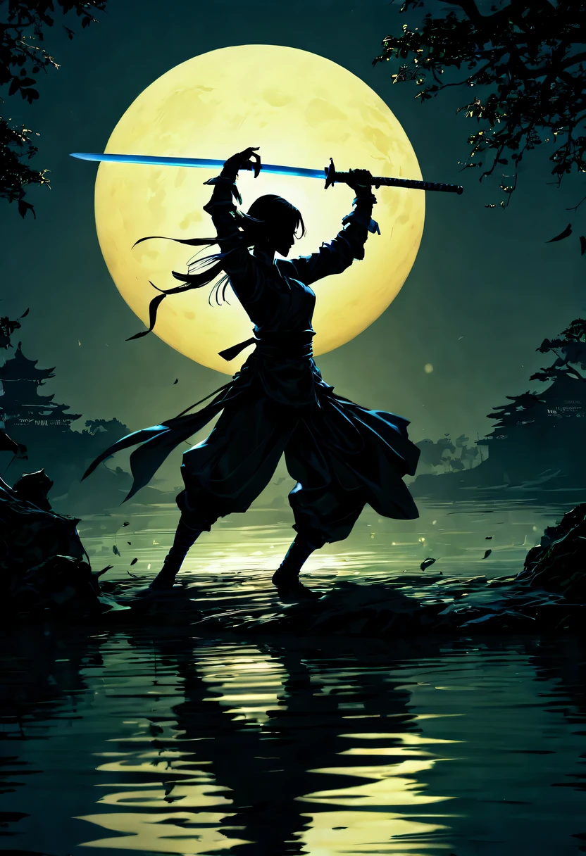 (纯Black silhouette,Silhouette of heroine dancing sword:1.5),Glowing sword,(Fighting posture，强dyna姿势:1.4),on  the lake，high contrast, movie lighting, Enigmatic Atmosphere,，lotus flower，Lotus leaf，corrugation，(water splash;1.4)，a moon，dyna，swordsman，Kungfu，Black silhouette，Extreme backlight shooting,照片上呈现出Black silhouette(No color or detail),Creates strong contrast with bright background