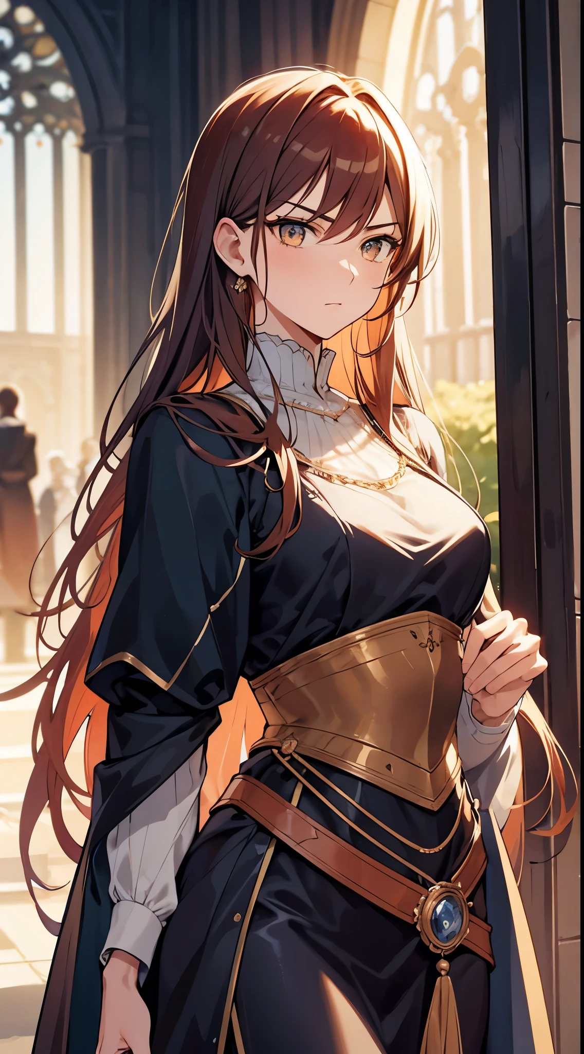 [[[masterpiece:1.2 ultra-detailed, best quality, soft skin, beautiful, 4K, high definition]]] portrait, auburn hair, amber eyes, long hair, slender body, dynamic angle, serious expression, elegant, dignified, masterpiece, medieval royal traveling clothes, outside gardens