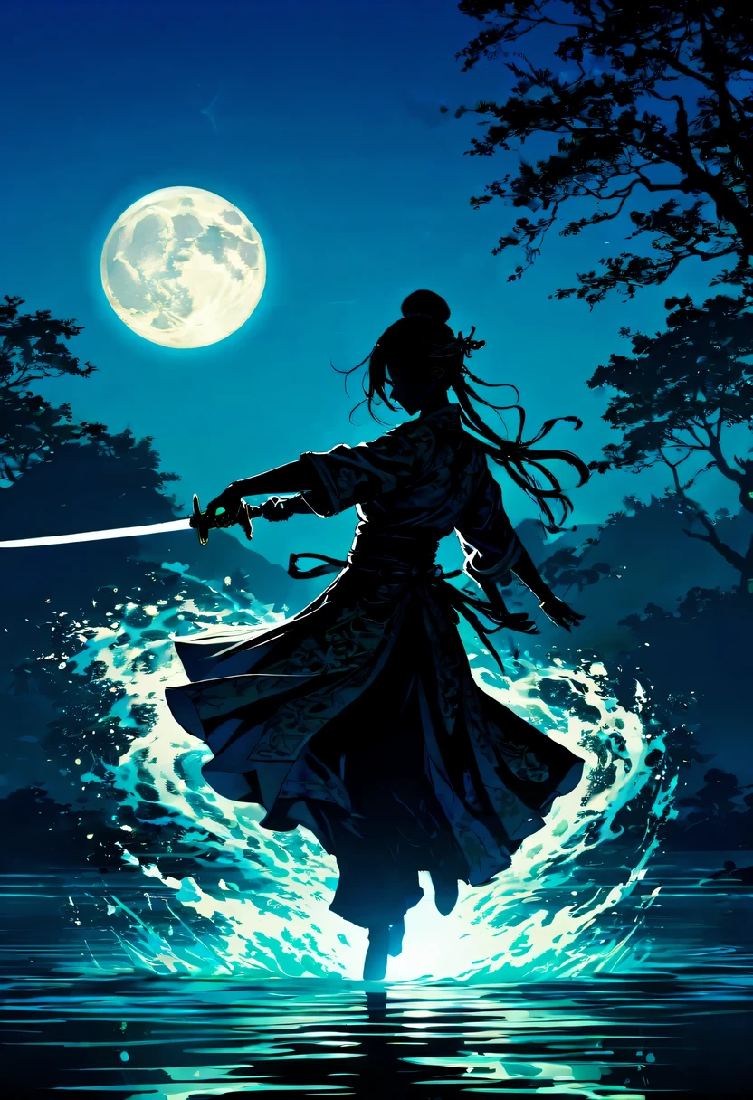 (纯Black silhouette,Silhouette of heroine dancing sword:1.5),Glowing sword,(Fighting posture，强dyna姿势:1.4),on  the lake，high contrast, movie lighting, Enigmatic Atmosphere,，lotus flower，Lotus leaf，corrugation，(water splash;1.4)，a moon，dyna，swordsman，Kungfu，Black silhouette，Extreme backlight shooting,照片上呈现出Black silhouette(No color or detail),Creates strong contrast with bright background