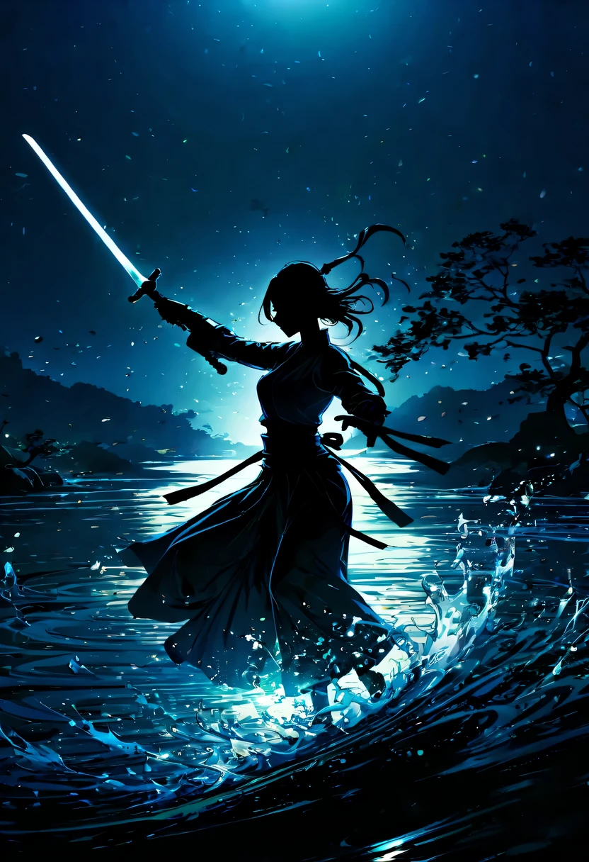 (纯Black silhouette,Silhouette of heroine dancing sword:1.5),Glowing sword,(Fighting posture,强dyna姿势:1.4),on the lake,high contrast, movie lighting, Enigmatic Atmosphere,,lotus flower,Lotus leaf,corrugation,(water splash;1.4),a moon,dyna,swordsman,Kungfu,Black silhouette,Extreme backlight shooting,照片上呈现出Black silhouette(No color or detail),Creates strong contrast with bright background