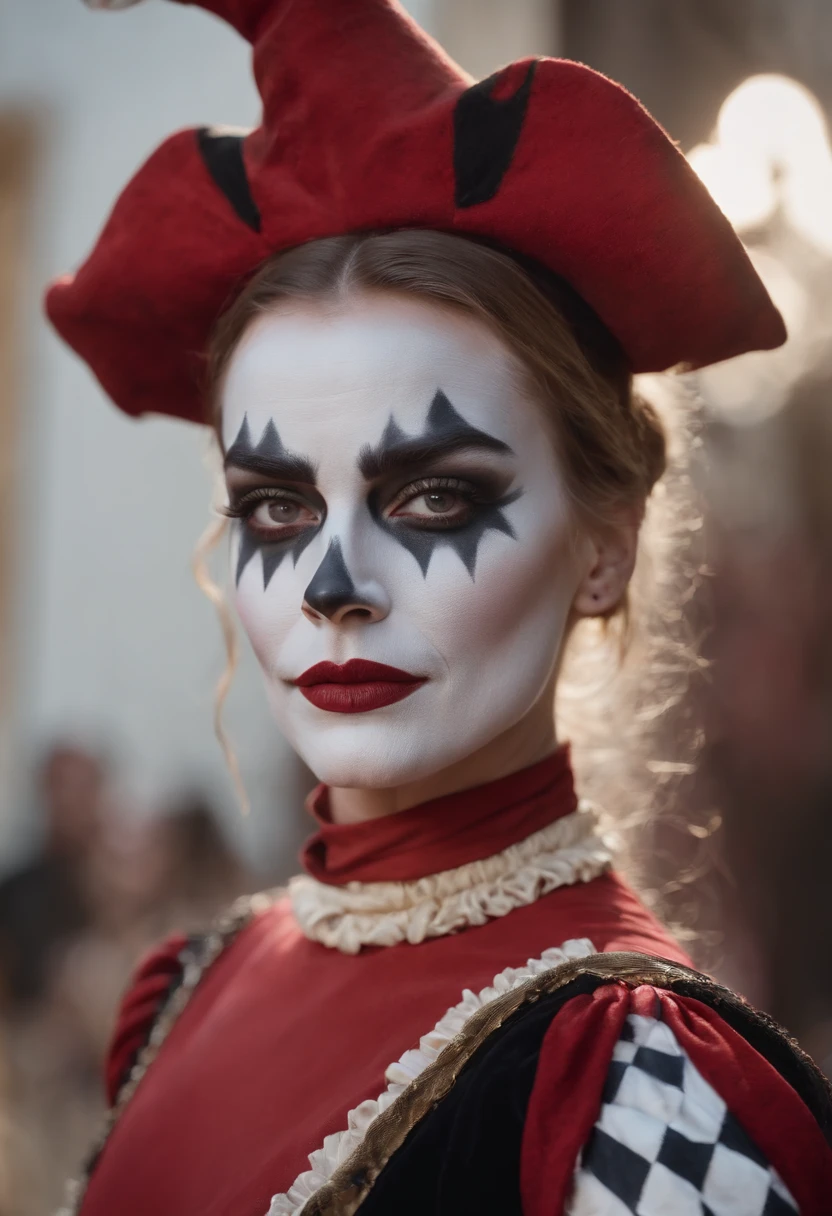 Margot Robbie with white face paint, red lipstick in a red and black harlequin court jester costume 