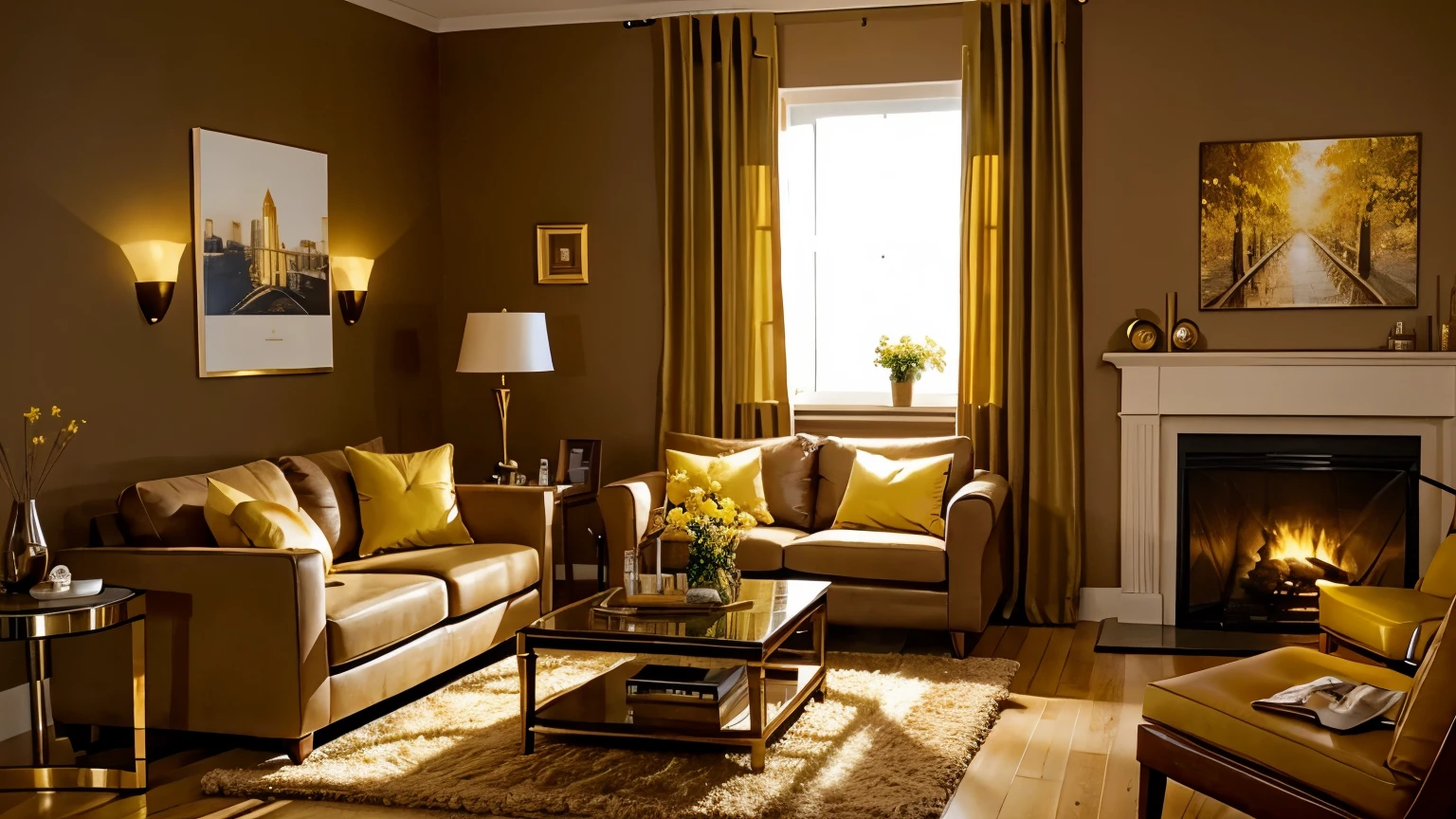 A cozy living room with brown and gold walls and soft yellow lighting.