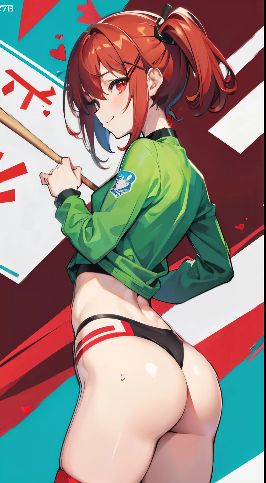 X-rated,Under the legend,Chara,age girl,Red-eyed,Smile,Sexy,green,Chest leak,short crop top,hot pant,Stalling's gull body standing painting,posture,with short brown haice turned red,Underwear model,lust,Hand repair,detail, clothing,HD,no underwares, television show,Upturned buttocks,stick out your tongue,Playful,love heart,Buttocks close up,sweat,back view,big ass