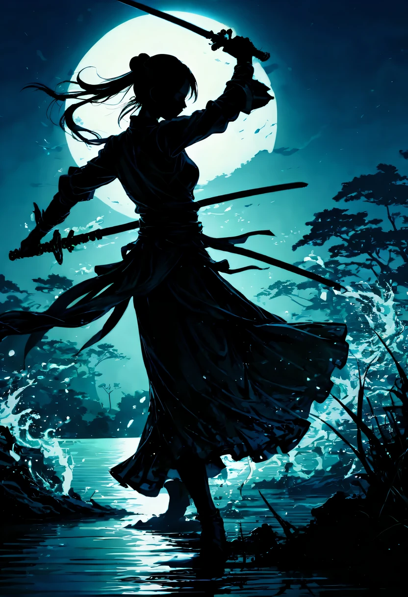 (纯Black silhouette,Silhouette of heroine dancing sword:1.5),Glowing sword,(Fighting posture,强dyna姿势:1.4),on the lake,high contrast, movie lighting, Enigmatic Atmosphere,,lotus flower,Lotus leaf,corrugation,(water splash;1.4),a moon,dyna,swordsman,Kungfu,Black silhouette,Extreme backlight shooting,照片上呈现出Black silhouette(No color or detail),Creates strong contrast with bright background