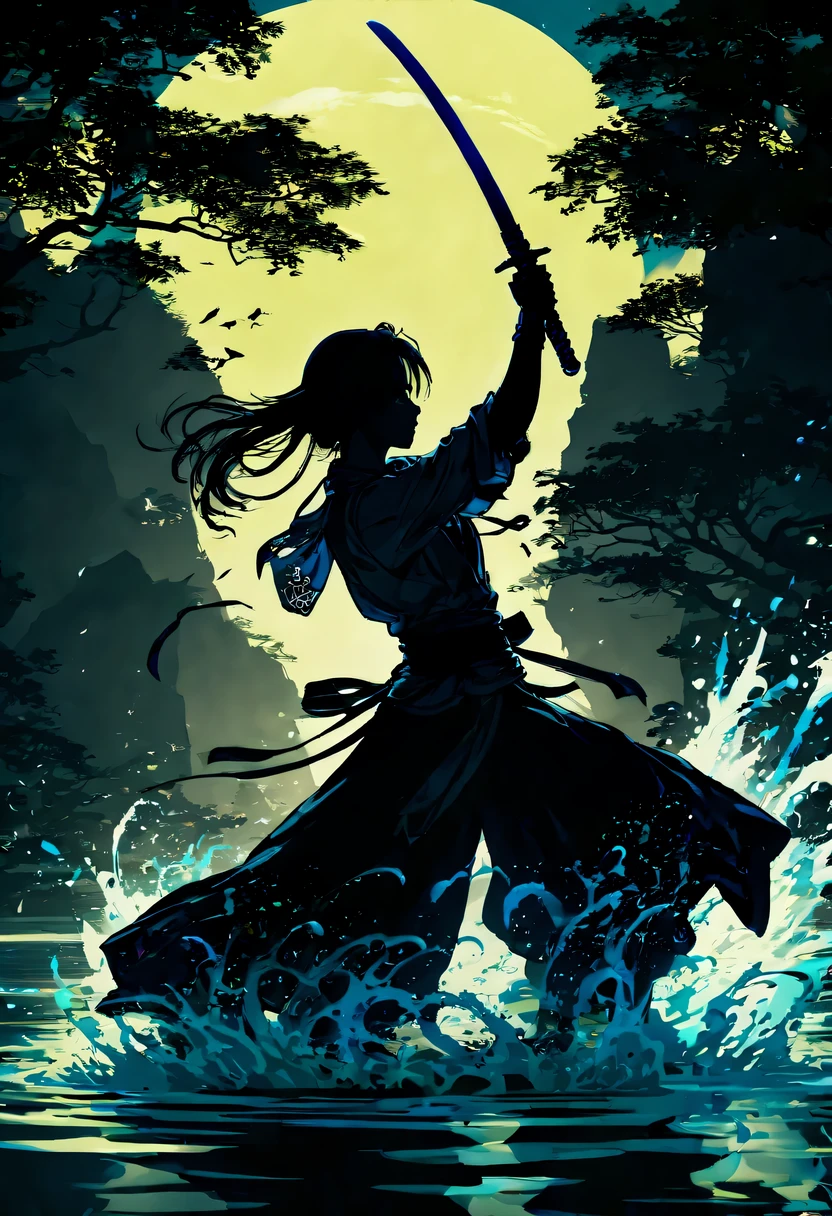 (纯Black silhouette,Silhouette of heroine dancing sword:1.5),Glowing sword,(Fighting posture，强dyna姿势:1.4),on  the lake，high contrast, movie lighting, Enigmatic Atmosphere,，lotus flower，Lotus leaf，corrugation，(water splash;1.4)，a moon，dyna，swordsman，Kungfu，Black silhouette，Extreme backlight shooting,照片上呈现出Black silhouette(No color or detail),Creates strong contrast with bright background