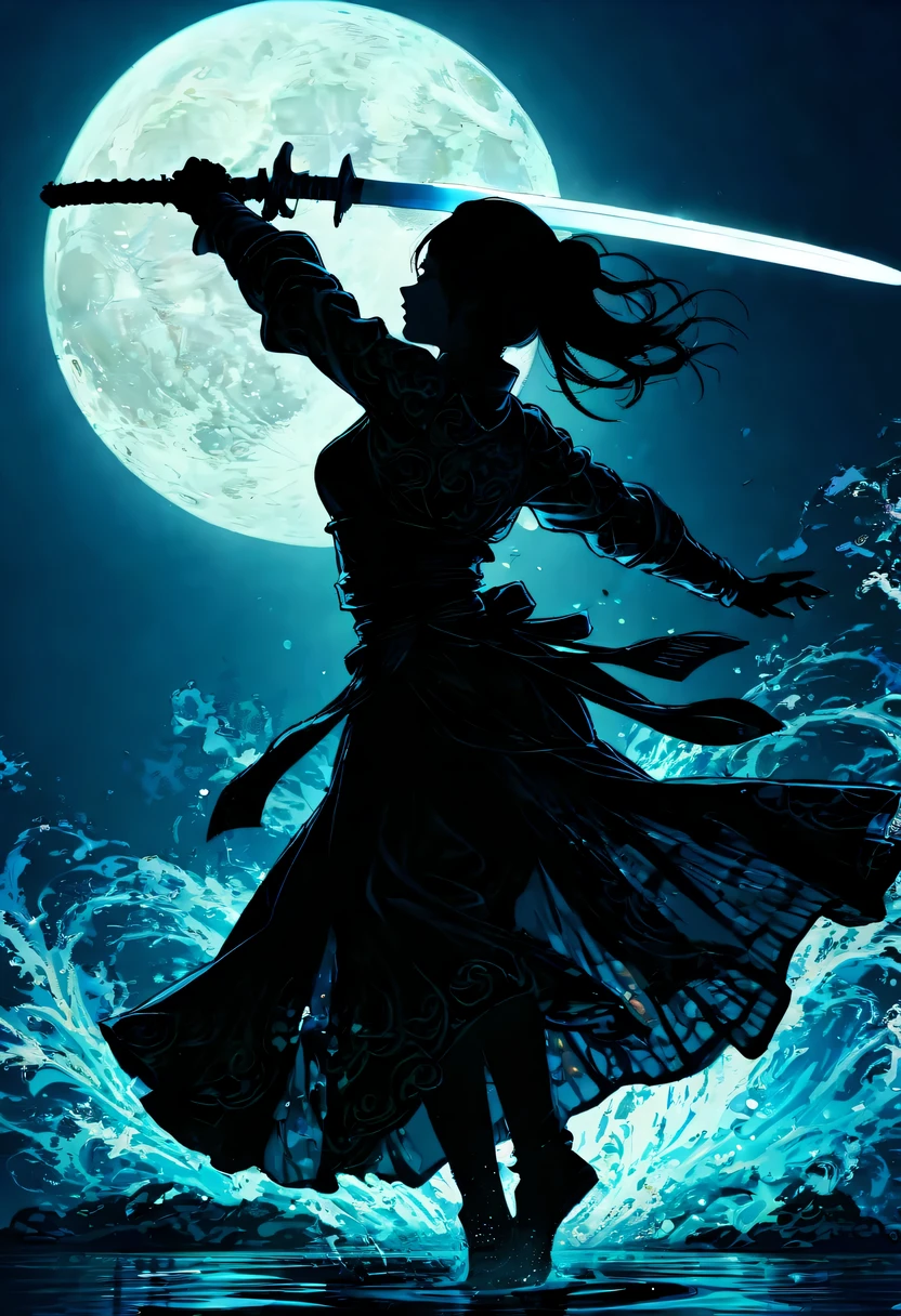 (纯Black silhouette,Silhouette of heroine dancing sword:1.5),Glowing sword,(Fighting posture,强dyna姿势:1.4),on the lake,high contrast, movie lighting, Enigmatic Atmosphere,,lotus flower,Lotus leaf,corrugation,(water splash;1.4),a moon,dyna,swordsman,Kungfu,Black silhouette,Extreme backlight shooting,照片上呈现出Black silhouette(No color or detail),Creates strong contrast with bright background