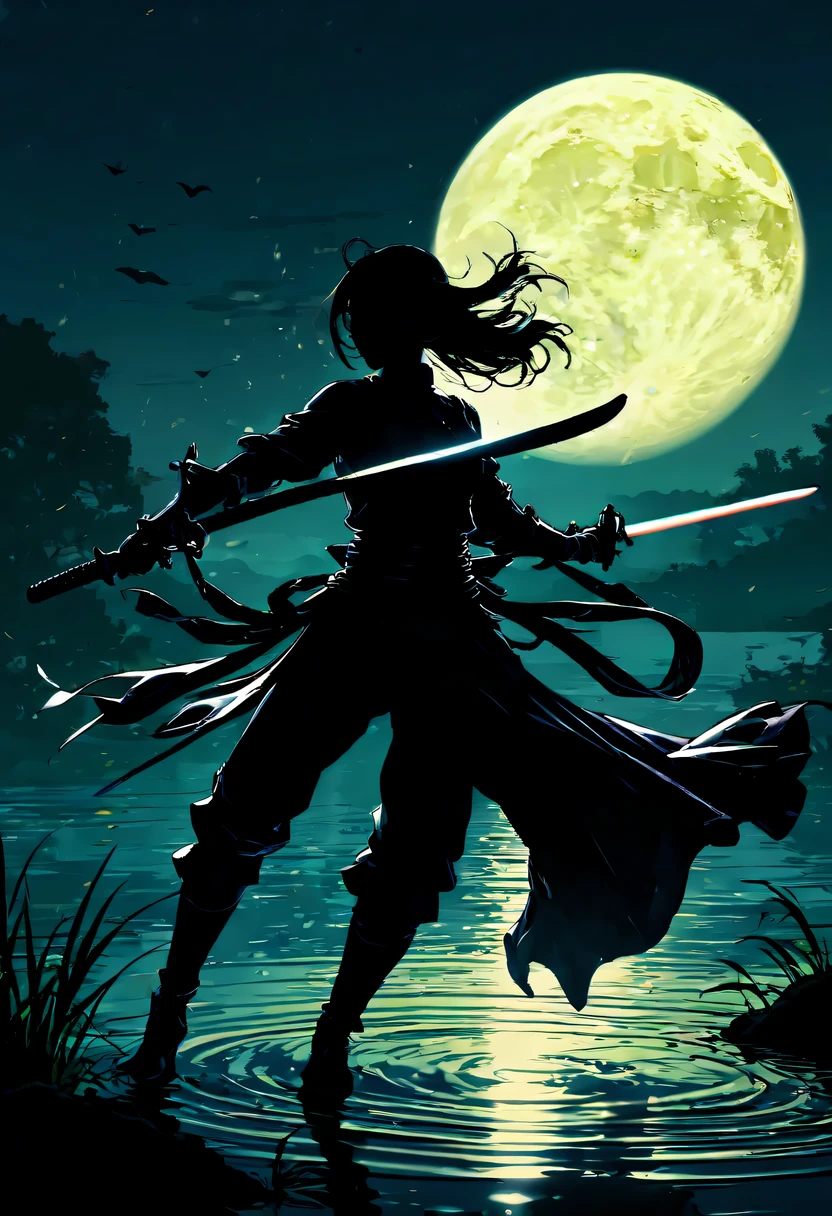 (纯Black silhouette,Silhouette of heroine dancing sword:1.5),Glowing sword,(Fighting posture，强dyna姿势:1.4),on  the lake，high contrast, movie lighting, Enigmatic Atmosphere,，lotus flower，Lotus leaf，corrugation，(water splash;1.4)，a moon，dyna，swordsman，Kungfu，Black silhouette，Extreme backlight shooting,照片上呈现出Black silhouette(No color or detail),Creates strong contrast with bright background