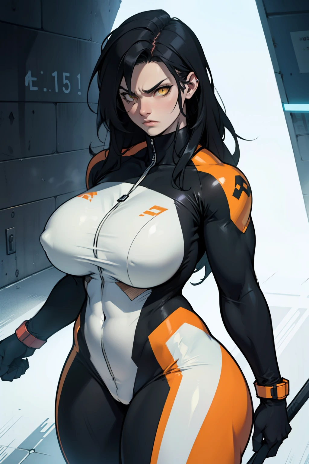best quality best quality best quality black hair yellow eyes pale skin muscular huge breasts thick thighs angry solo extremely long hair girl body suit highly detailed highly detailed thick thick