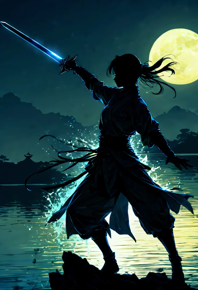 (纯Black silhouette,Silhouette of heroine dancing sword:1.5),Glowing sword,(Fighting posture,强dyna姿势:1.4),on the lake,high contrast, movie lighting, Enigmatic Atmosphere,,lotus flower,Lotus leaf,corrugation,(water splash;1.4),a moon,dyna,swordsman,Kungfu,Black silhouette,Extreme backlight shooting,照片上呈现出Black silhouette(No color or detail),Creates strong contrast with bright background