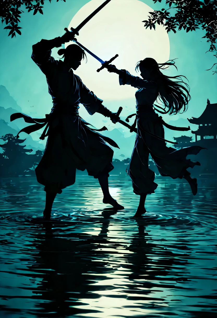 (纯Black silhouette,Silhouette of heroine dancing sword:1.5),Glowing sword,(Fighting posture，强dyna姿势:1.4),on  the lake，high contrast, movie lighting, Enigmatic Atmosphere,，lotus flower，Lotus leaf，corrugation，(water splash;1.4)，a moon，dyna，swordsman，Kungfu，Black silhouette，Extreme backlight shooting,照片上呈现出Black silhouette(No color or detail),Creates strong contrast with bright background