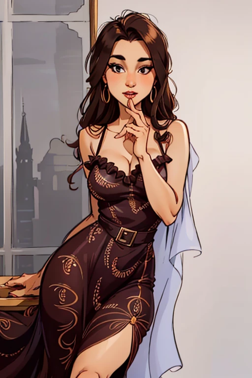 arafed woman in a brown dress posing for a picture, beautiful silky dress, sexy dress, silk dress, revealing stylish dress, wearing an elegant dress, tight dress, low cut dress, translucent silky dress, olivia de bernardinis, in a dress, 18 years old, flowing dress, short dress, dress, wearing a cocktail dress