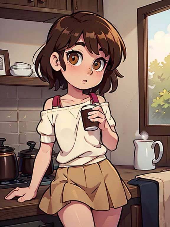 Extremely cute effeminate BOY 17 years old with shoulder-length brown hair, with brown eyes, with almost flat boy's chest, (A boy plays the role of a girl) ; in a fluffy girly sweater and a wool skirt, with a cup of coffee in her left hand, in the kitchen of the women's dormitory; anatomical authenticity, realistic textures, maximum detail, absolute photorealism, free pose