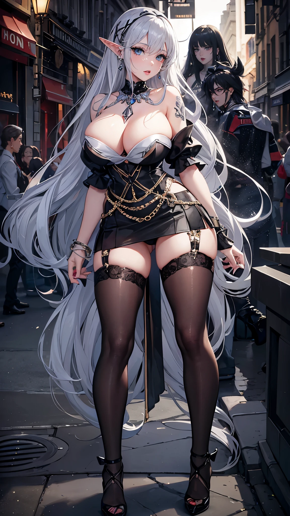 Extremely normal body,close up,The world of dreams,Elf mature beauty, silver long hair,silver long hair,tear-mole,earrings,(lipstick,earrings),necklace,a pair of bracelets,Black strappy hip skirt,humanoid creature, paris bar background, Her skin is white, Fair complexion,silver-white long hair, Two long black stocking legs,High heel,Black stocking legs,nail art,Tattooed with