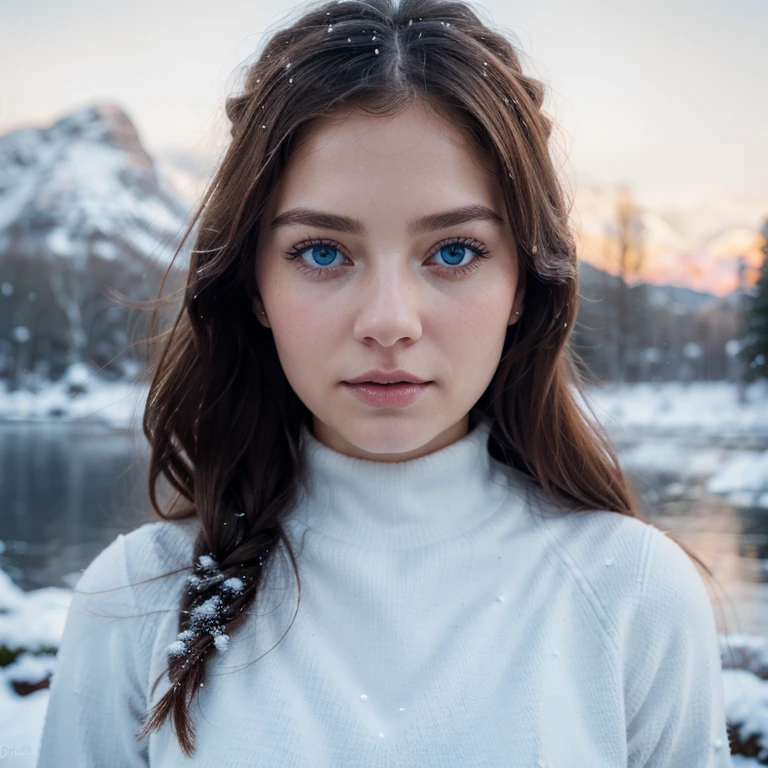 best quality,ultra-detailed,highres,(fair-skinned:1.1) Nordic woman,beautiful detailed eyes,rosy cheeks,sparkling blue eyes,snowy backdrop,portrait,(Nordic landscape:1.1) scenery,winter,subtle snowfall,ethereal,soft lighting,vivid colors,photorealistic,natural beauty,dark brown hair,long eyelashes,delicate features,feminine elegance,serene expression,quiet beauty,calm atmosphere,elegant posture,immersed in contemplation,faint breath,crisp air,majestic mountains
