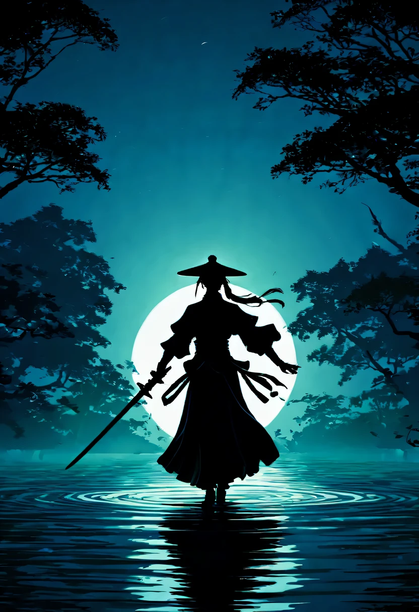 (纯Black silhouette,Silhouette of heroine dancing sword:1.5),Glowing sword,(Fighting posture,强dyna姿势:1.4),on the lake,high contrast, movie lighting, Enigmatic Atmosphere,,lotus flower,Lotus leaf,corrugation,(water splash;1.4),a moon,dyna,swordsman,Kungfu,Black silhouette,Extreme backlight shooting,照片上呈现出Black silhouette(No color or detail),Creates strong contrast with bright background