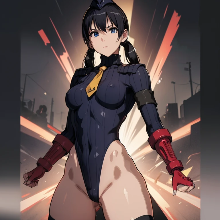 ultra-detailed, Explicit, Beautiful body, Beautiful Nose, Beautiful character design, perfect eyes, perfect face, ultra highres, 4K, beautiful legs, perfect legs, Nice hands, Perfect hand, Masterpiece, Best Quality, Highly detailed, illustration, absurdres, street fighter, doll suit, shadaloo doll, dollsuit, expressionless, blank eyes, looking at viewer, red gloves, emotionless, black latex, corrution, mind control, female combatant, full body, hypnotized, unhappy trance, full body suit, ribbed bodysuit, both arms at side, obey, perfect female body, extremely glossy latex, hypnosis, hypnoLora, empty eyes, Mind control device, poses, submissive_pose, Slave, hat, necktie, stand up straight, standing, standing at attention, hat, necktie, belt, latex, ribbed bodysuit, thighhighs, garter belt, Fighting Stance, thigh boots, solo, 1girl, Tamako Kitashirakawa, Tamako Market, black hair, blue eyes, low twin tails, blood on shirt, blood on hand, blood on clothes, blood on face, blood, blood on arm