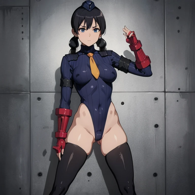 ultra-detailed, Explicit, Beautiful body, Beautiful Nose, Beautiful character design, perfect eyes, perfect face, ultra highres, 4K, beautiful legs, perfect legs, Nice hands, Perfect hand, Masterpiece, Best Quality, Highly detailed, illustration, absurdres, street fighter, doll suit, shadaloo doll, dollsuit, expressionless, blank eyes, looking at viewer, red gloves, emotionless, black latex, corrution, mind control, female combatant, full body, hypnotized, unhappy trance, full body suit, ribbed bodysuit, both arms at side, obey, perfect female body, extremely glossy latex, hypnosis, hypnoLora, empty eyes, Mind control device, poses, submissive_pose, Slave, hat, necktie, stand up straight, standing, standing at attention, hat, necktie, belt, latex, ribbed bodysuit, thighhighs, garter belt, Fighting Stance, thigh boots, solo, 1girl, Tamako Kitashirakawa, Tamako Market, black hair, blue eyes, low twin tails, blood on shirt, blood on hand, blood on clothes, blood on face, blood, blood on arm