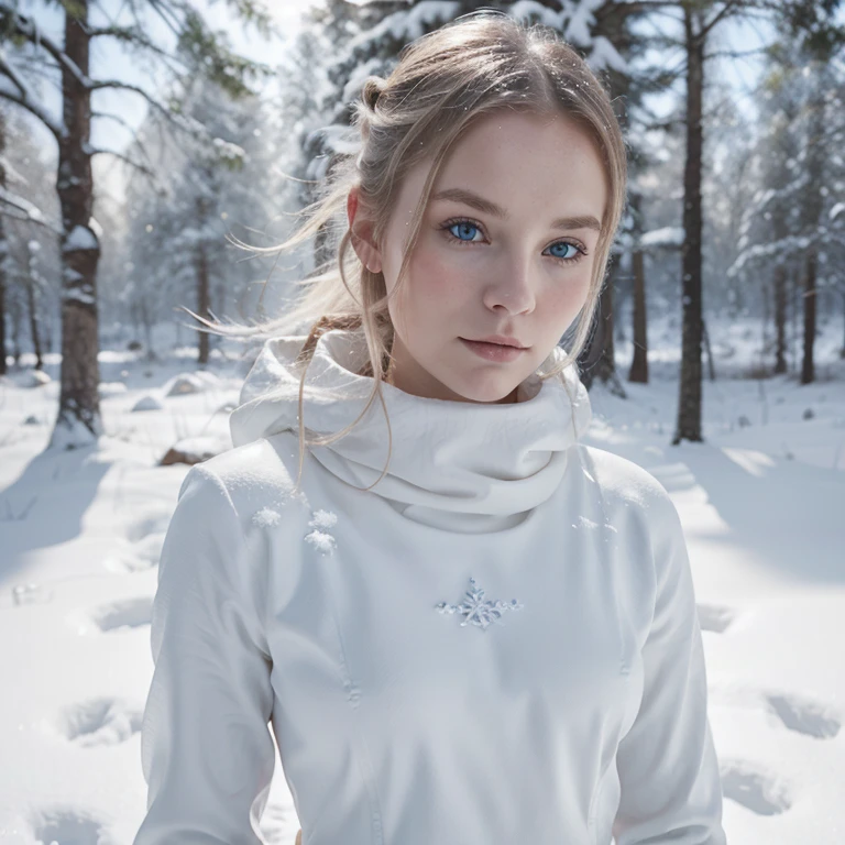 A serene Nordic maiden, her porcelain-like skin contrasting against the pristine white snow.