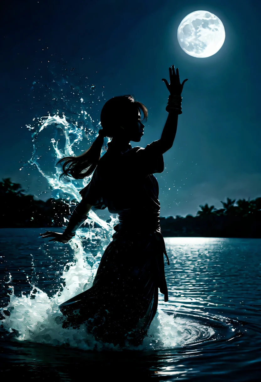(纯Black silhouette,Heroine silhouette:1.5),(Fighting posture,强dyna姿势:1.4),on the lake,high contrast, movie lighting, Enigmatic Atmosphere,,lotus flower,Lotus leaf,corrugation,(water splash;1.4),a moon,dyna,martial arts,Kungfu,Black silhouette,Extreme backlight shooting,照片上呈现出Black silhouette(No color or detail),Creates strong contrast with bright background