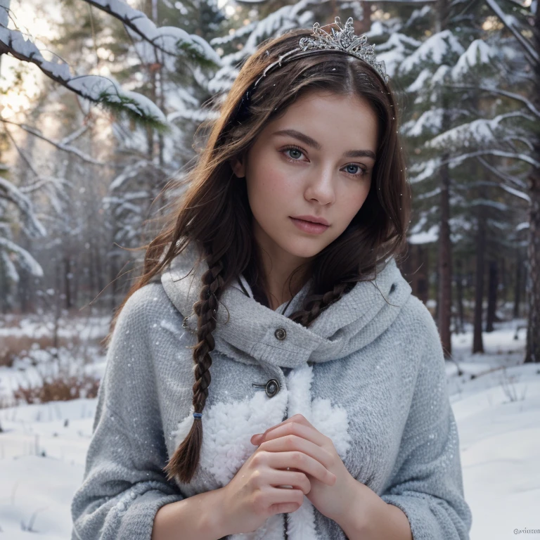 (best quality,4k,8k,highres,masterpiece:1.2),ultra-detailed,(realistic,photorealistic,photo-realistic:1.37),a serene Nordic maiden,her porcelain-like skin contrasting against the pristine white snow,medium:oil painting,beautiful detailed eyes,beautiful detailed lips,extremely detailed eyes and face,longeyelashes,Nordic beauty,long flowing hair with intricate braids,wearing a white fur-trimmed cloak and a silver tiara,gently holding a delicate snowflake,standing in a graceful pose amidst a snow-covered landscape with tall pine trees,soft golden light casting a warm glow on her fair complexion,capturing the ethereal beauty of the winter scenery,vivid colors,subtle shades of blue and purple,soft cool tones harmonizing with the snow,creating a magical atmosphere.