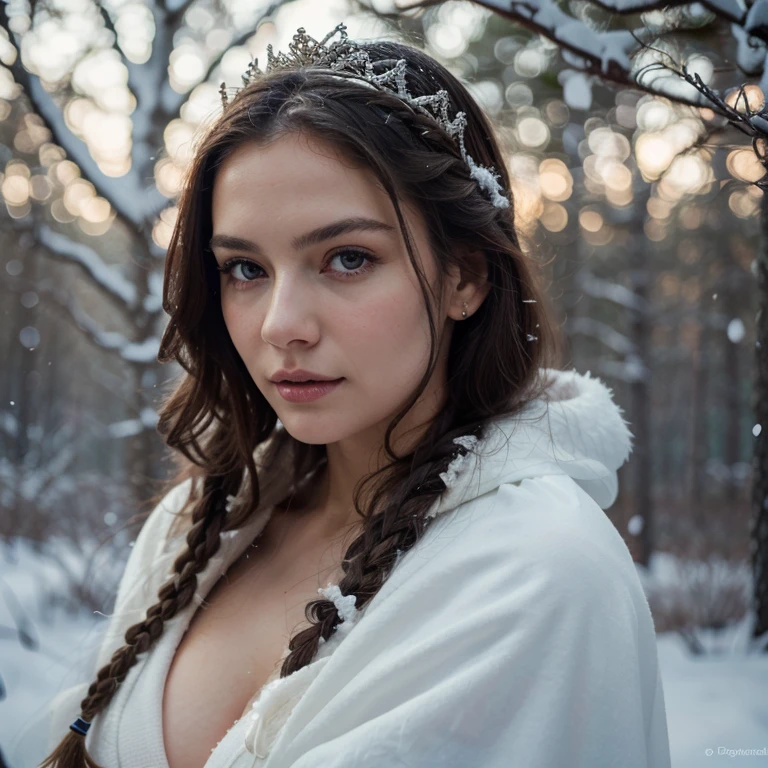 (best quality,4k,8k,highres,masterpiece:1.2),ultra-detailed,(realistic,photorealistic,photo-realistic:1.37),a serene Nordic maiden,her porcelain-like skin contrasting against the pristine white snow,medium:oil painting,beautiful detailed eyes,beautiful detailed lips,extremely detailed eyes and face,longeyelashes,Nordic beauty,long flowing hair with intricate braids,wearing a white fur-trimmed cloak and a silver tiara,gently holding a delicate snowflake,standing in a graceful pose amidst a snow-covered landscape with tall pine trees,soft golden light casting a warm glow on her fair complexion,capturing the ethereal beauty of the winter scenery,vivid colors,subtle shades of blue and purple,soft cool tones harmonizing with the snow,creating a magical atmosphere.