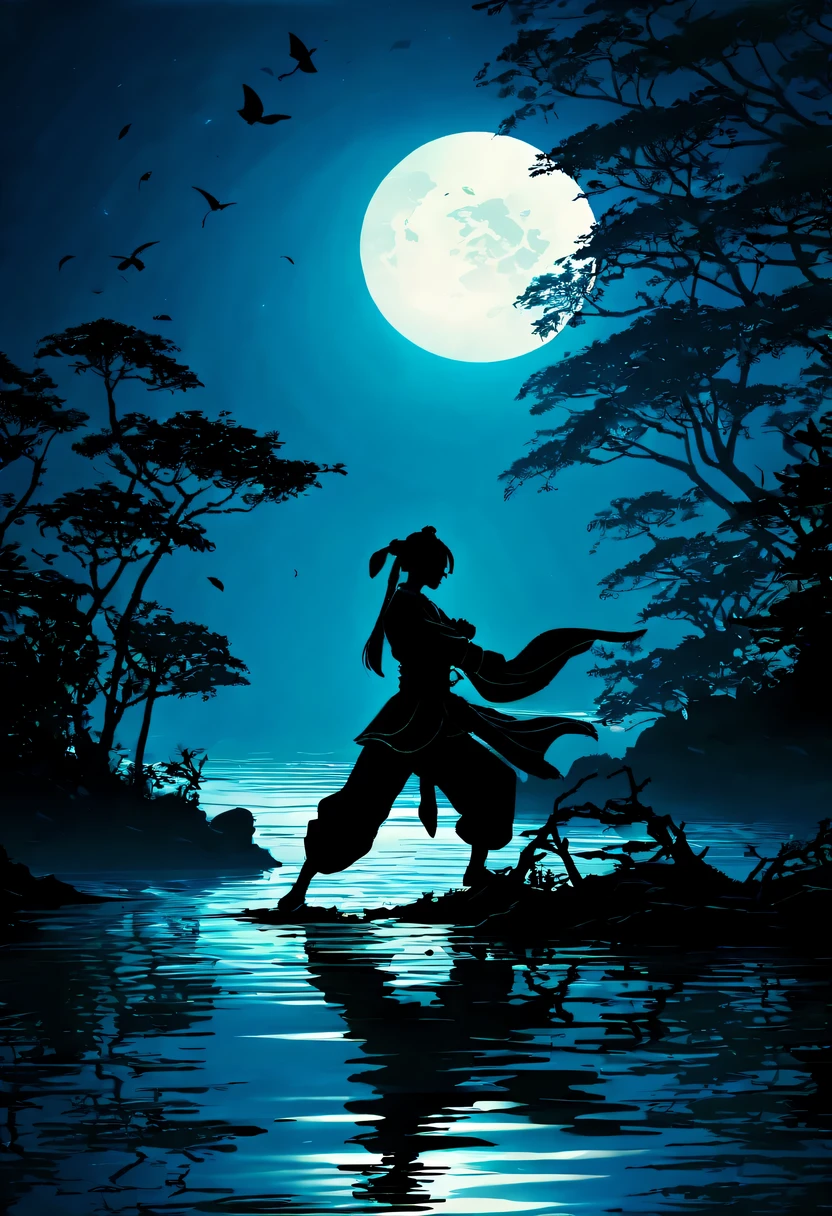 (纯Black silhouette,Heroine silhouette:1.5),(Fighting posture,强dyna姿势:1.4),on the lake,high contrast, movie lighting, Enigmatic Atmosphere,,lotus flower,Lotus leaf,corrugation,(water splash;1.4),a moon,dyna,martial arts,Kungfu,Black silhouette,Extreme backlight shooting,照片上呈现出Black silhouette(No color or detail),Creates strong contrast with bright background