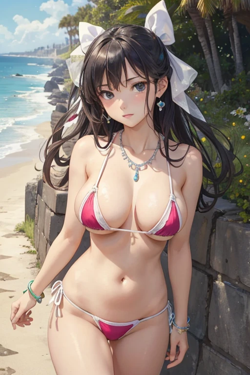 (masterpiece, best quality), 1 girl, perfect body, big breasts, bare breasts, bright micro bikini, hair ribbon, necklaces, bracelets, walk, coastal streets with elaborate details, noon