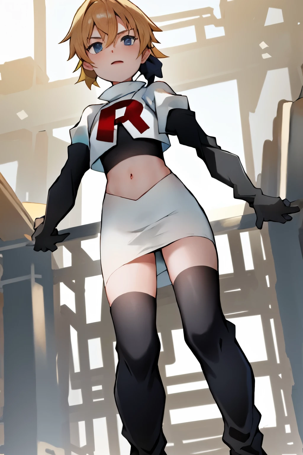 absurdres,1boy, solo, outdoors, day, sky, link, blonde hair, crossdressing, 1boy, male focus, trap, team rocket,team rocket uniform,white skirt,red letter R,crop top,black thigh-highs,black elbow gloves