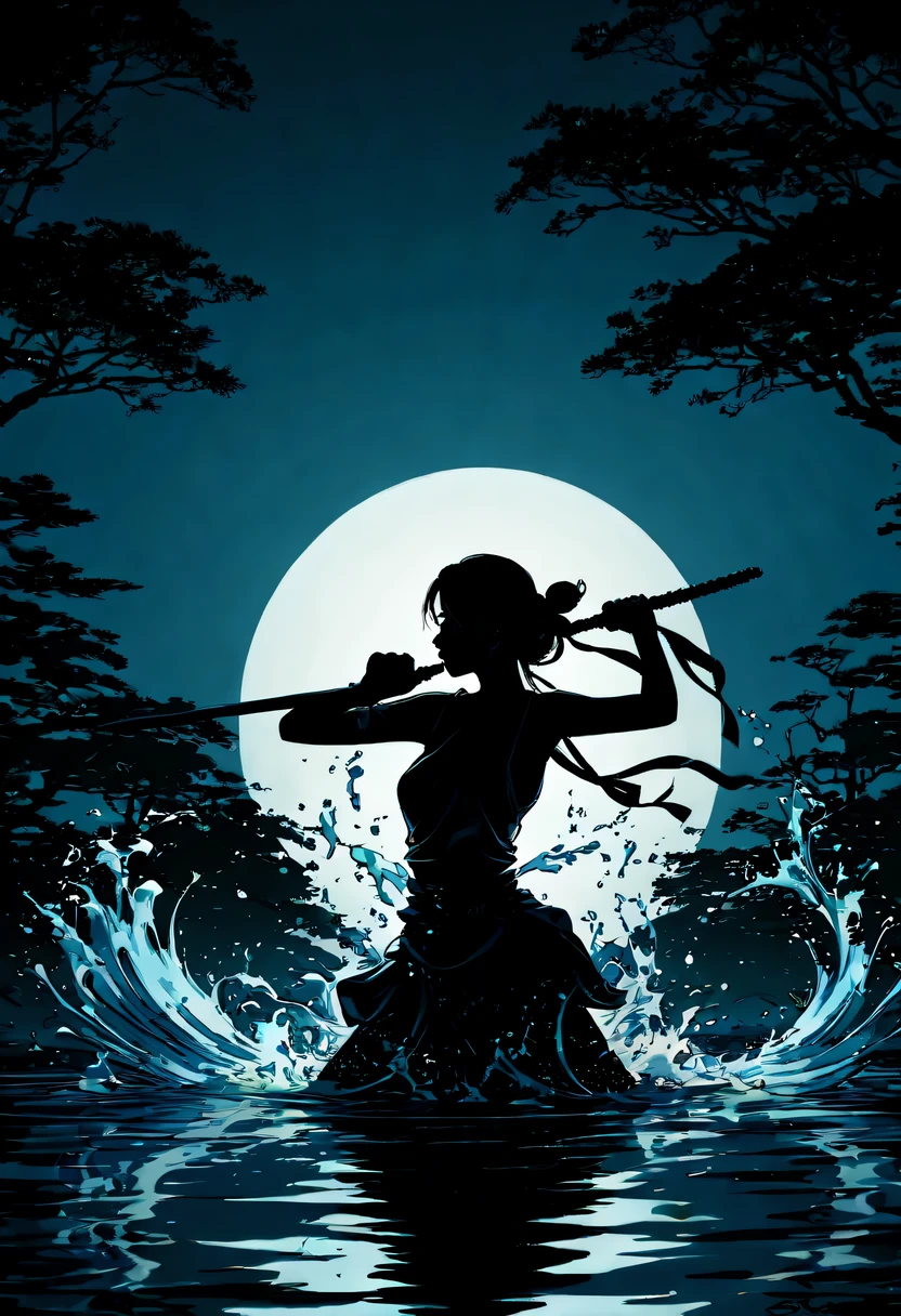 (纯Black silhouette,Heroine fighting silhouette:1.5),(Fighting posture，强dyna姿势:1.4),on  the lake，high contrast, movie lighting, Enigmatic Atmosphere,，lotus flower，Lotus leaf，corrugation，(water splash;1.4)，a moon，dyna，martial arts，Kungfu，Black silhouette，Extreme backlight shooting,照片上呈现出Black silhouette(No color or detail),Creates strong contrast with bright background