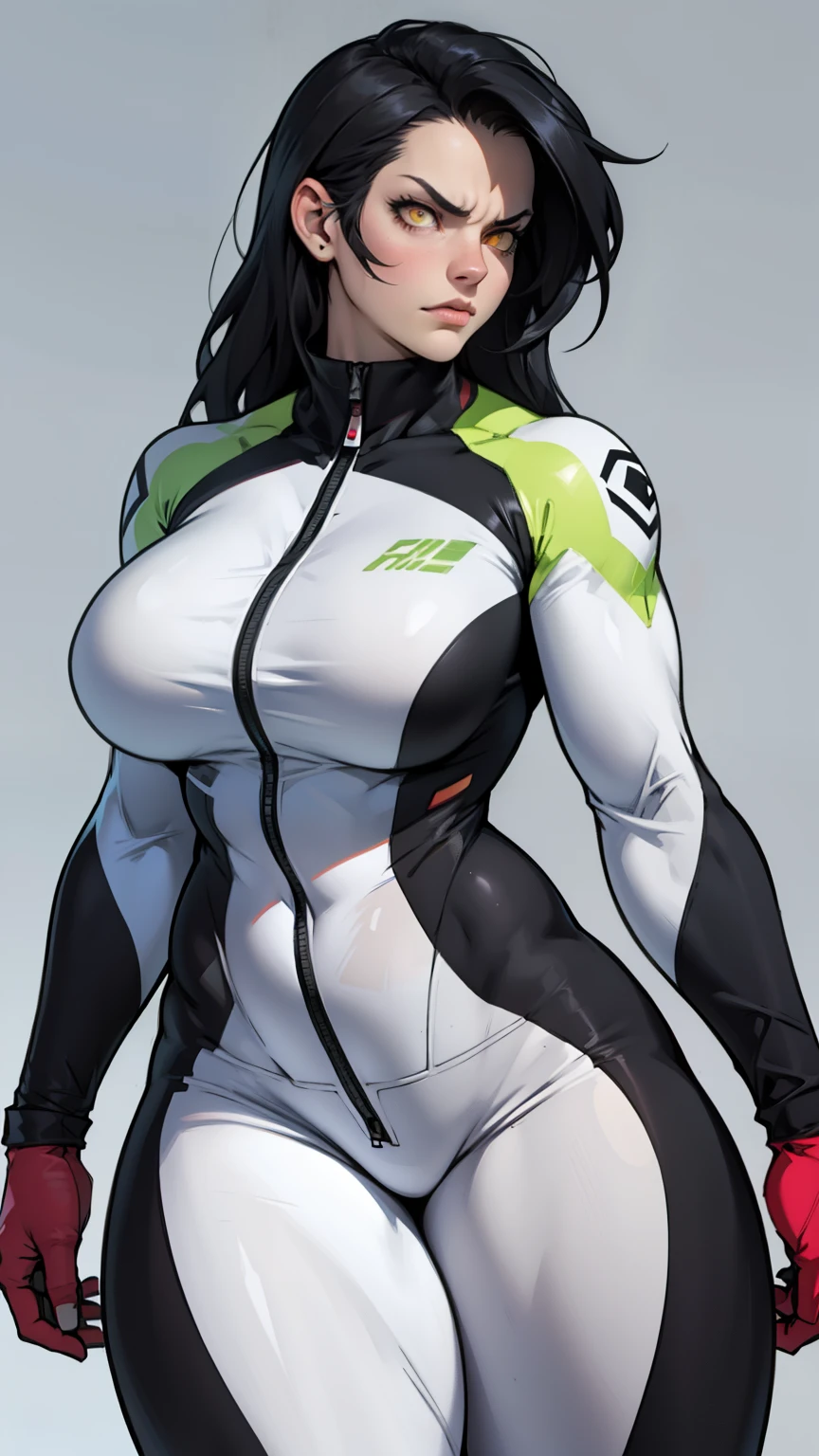 best quality best quality best quality black hair yellow eyes pale skin muscular huge breasts thick thighs angry solo extremely long hair girl body suit highly detailed highly detailed thick thick