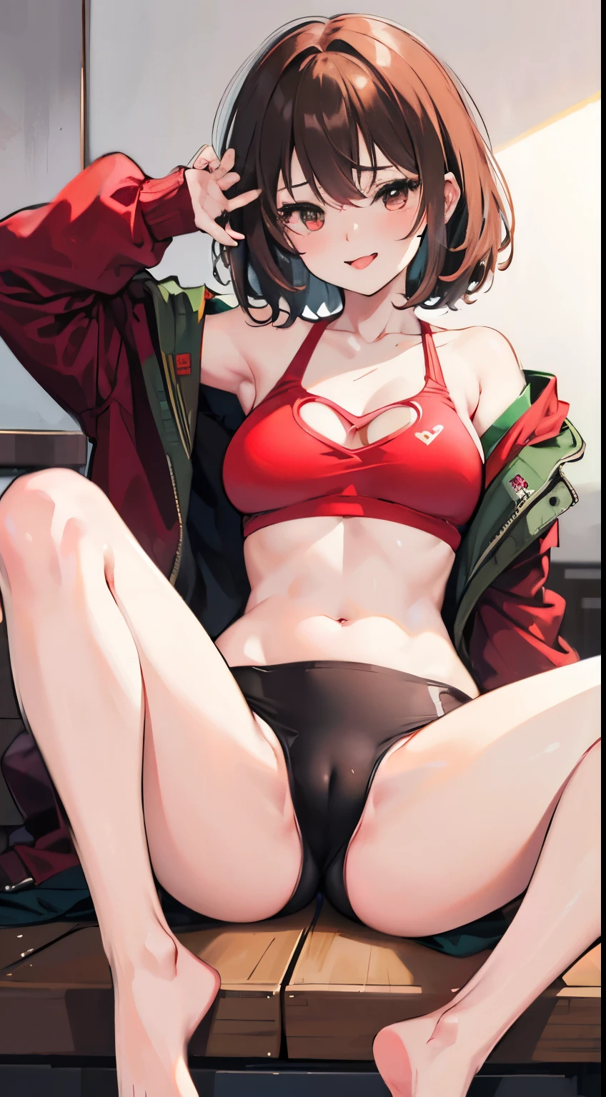 X-rated，Under the legend，Chara，age girl，Red-eyed，Smile，Sexy，green，Chest leak，short crop top，hot pant，with short brown haice turned red，Underwear model，lust，Hand repair，detail， clothing，HD，no underwares， television show，Upturned buttocks，stick out your tongue，Playful，love heart，sweat，big ass，sitting，opening legs，open legs，camel-toe