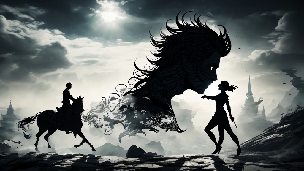 (Best Quality, 4K, 8K, High Resolution, Masterpiece: 1. 2), Ultra-detailed, creative, diverse silhouette art scenes, a variety of intricate silhouette characters, detailed scene setups, stylized characters, dynamic poses and actions, rich emotions, stark contrasts, excellent black and white compositions, impressive storyline that highlights silhouette effects; creative use of negative space; fine lines and intricate details that outline silhouettes; men; artistic interpretation of characterization and movement