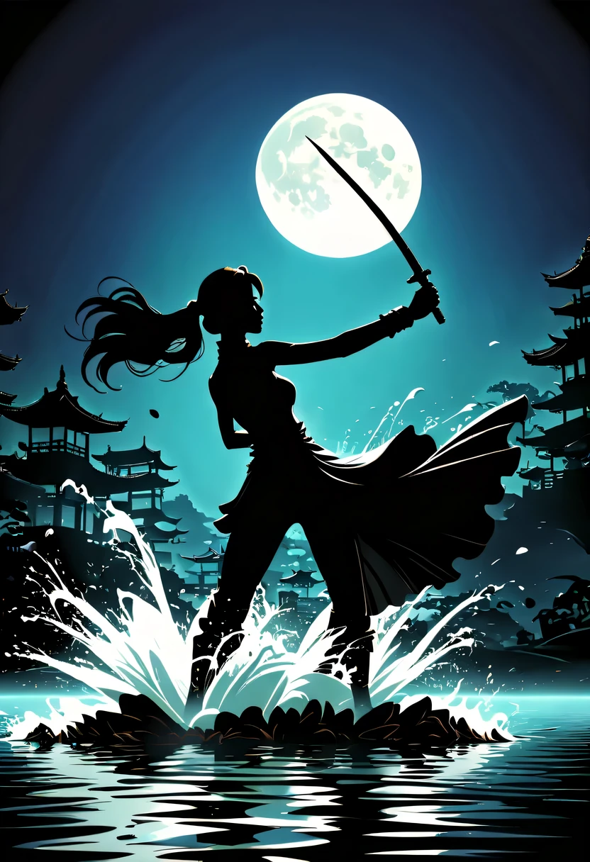 (纯Black silhouette,Heroine fighting silhouette:1.5),(Fighting posture,强dyna姿势:1.4),on the lake,high contrast, movie lighting, Enigmatic Atmosphere,,lotus flower,Lotus leaf,corrugation,(water splash;1.4),a moon,dyna,martial arts,Kungfu,Black silhouette,Extreme backlight shooting,照片上呈现出Black silhouette(No color or detail),Creates strong contrast with bright background