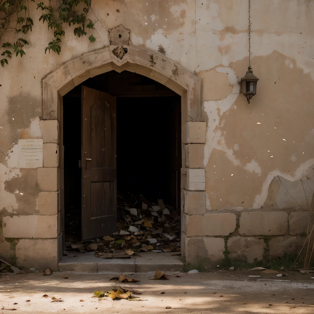 A dry tree dropping its leaves, the wind carrying it away, just far away an abandoned medieval house in an abandoned kingdom .casa cheia de matos na parede oso tinha e papel,pratos e tudo mais.