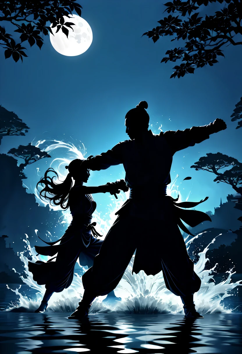(纯Black silhouette,Heroine fighting silhouette:1.5),(Fighting posture,强dyna姿势:1.4),on the lake,high contrast, movie lighting, Enigmatic Atmosphere,,lotus flower,Lotus leaf,corrugation,(water splash;1.4),a moon,dyna,martial arts,Kungfu,Black silhouette,Extreme backlight shooting,照片上呈现出Black silhouette(No color or detail),Creates strong contrast with bright background