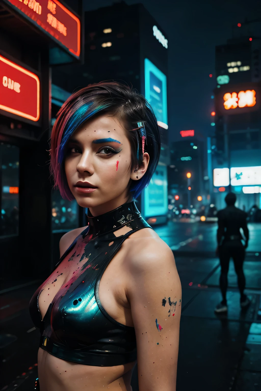 mulher com cabelo curto e pintura colorida apreciando a paisagem futurista (estilo ciberpunk)